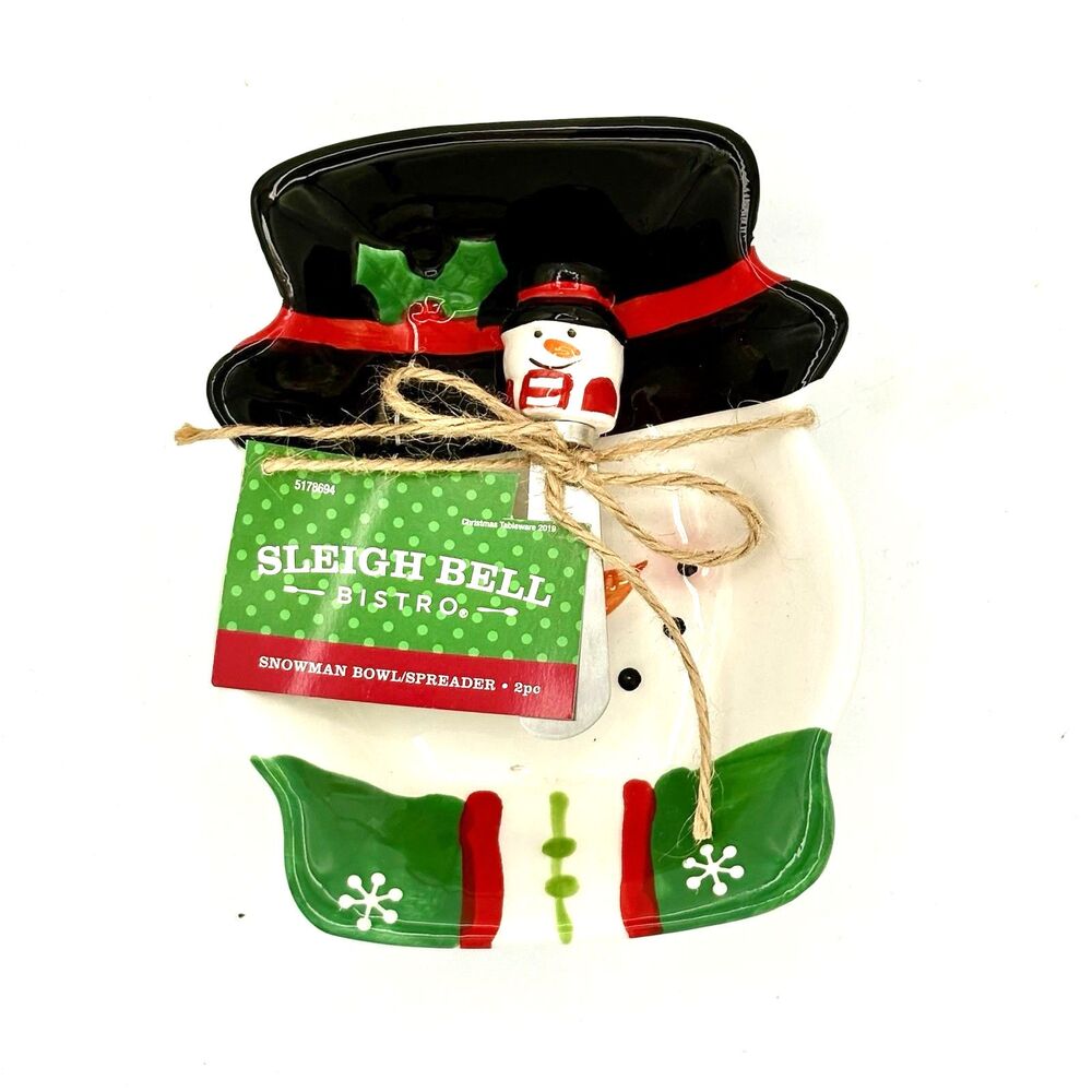 New Sleigh Bell Bistro Ceramic Christmas Snowman Dish With Spreader 2014 - Picture 8 of 8